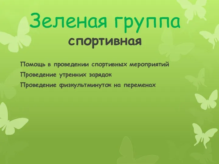 Зеленая группа спортивная Помощь в проведении спортивных мероприятий Проведение утренних зарядок Проведение физкультминуток на переменах