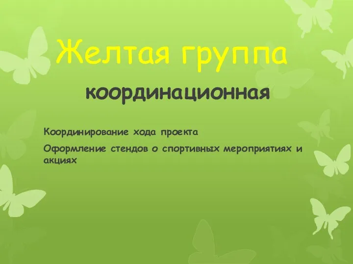 Желтая группа координационная Координирование хода проекта Оформление стендов о спортивных мероприятиях и акциях