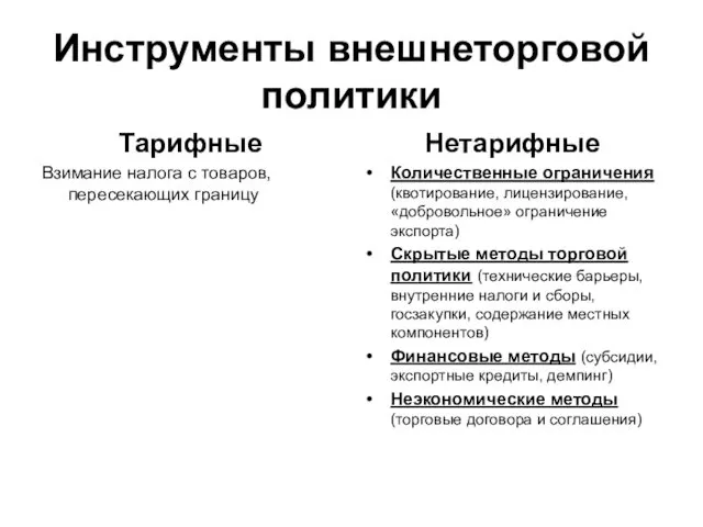 Инструменты внешнеторговой политики Тарифные Взимание налога с товаров, пересекающих границу