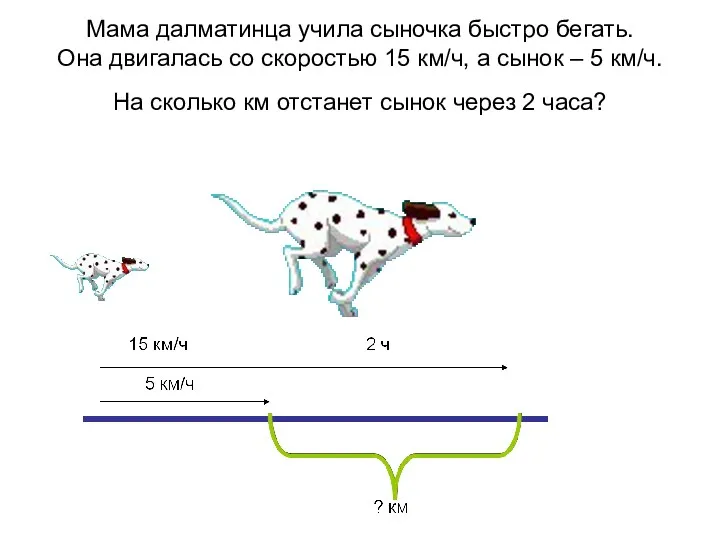 Мама далматинца учила сыночка быстро бегать. Она двигалась со скоростью 15 км/ч, а