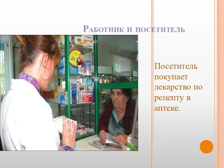 Работник и посетитель Посетитель покупает лекарство по рецепту в аптеке.