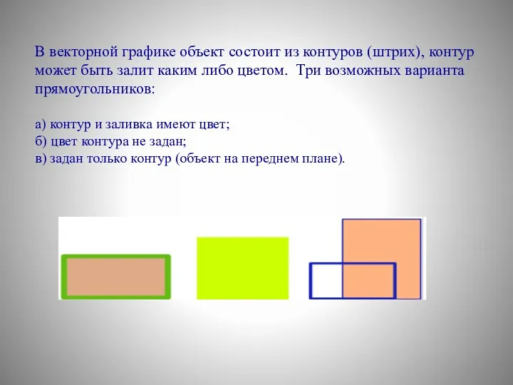 В векторной графике объект состоит из контуров (штрих), контур может