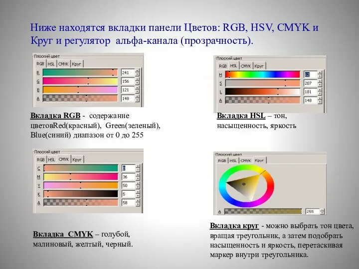 Ниже находятся вкладки панели Цветов: RGB, HSV, CMYK и Круг