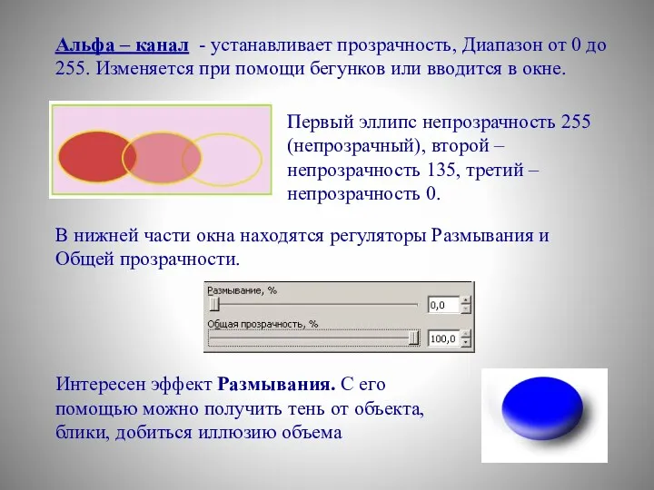 Альфа – канал - устанавливает прозрачность, Диапазон от 0 до