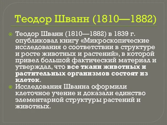 Теодор Шванн (1810—1882) Теодор Шванн (1810—1882) в 1839 г. опубликовал книгу «Микроскопические исследования