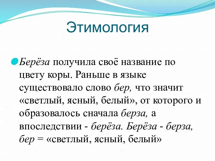 Этимология Берёза получила своё название по цвету коры. Раньше в