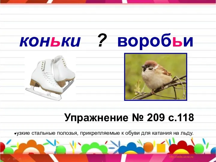 коньки ? воробьи Упражнение № 209 с.118 узкие стальные полозья,