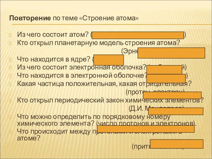 Повторение по теме «Строение атома» Из чего состоит атом? (ядро,