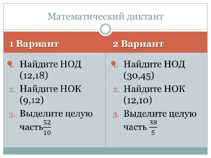 1 Вариант 2 Вариант Математический диктант