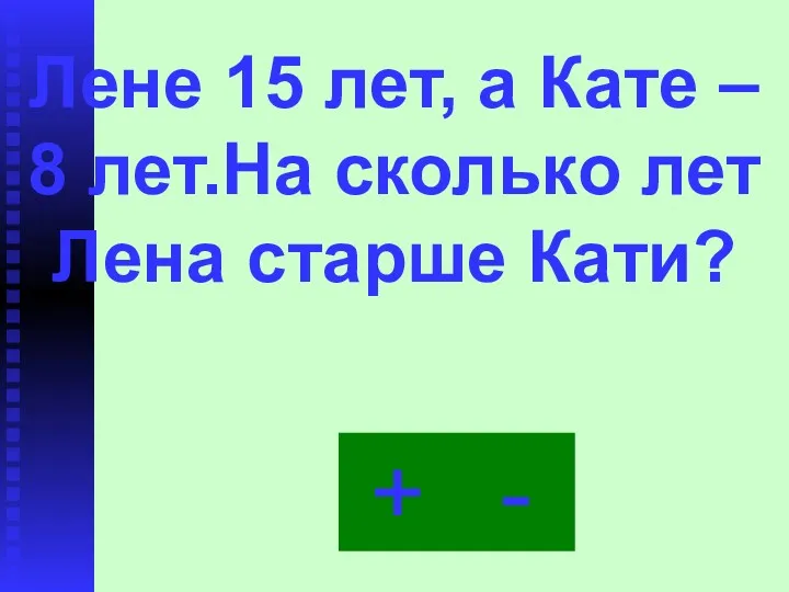 - + Лене 15 лет, а Кате – 8 лет.На сколько лет Лена старше Кати?