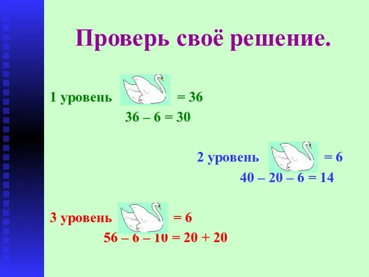 Проверь своё решение. 1 уровень = 36 36 – 6