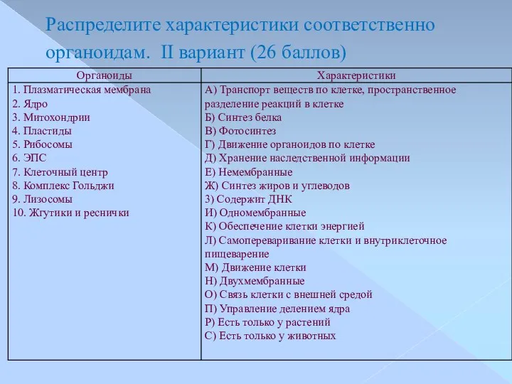 Распределите характеристики соответственно органоидам. II вариант (26 баллов)