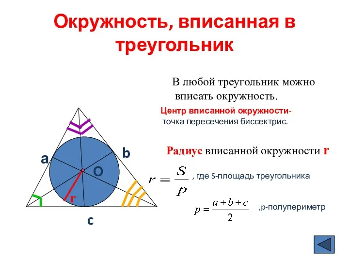 Окружность, вписанная в треугольник а c b В любой треугольник