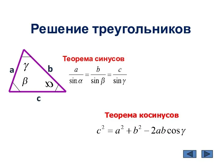Решение треугольников Теорема синусов Теорема косинусов a b c