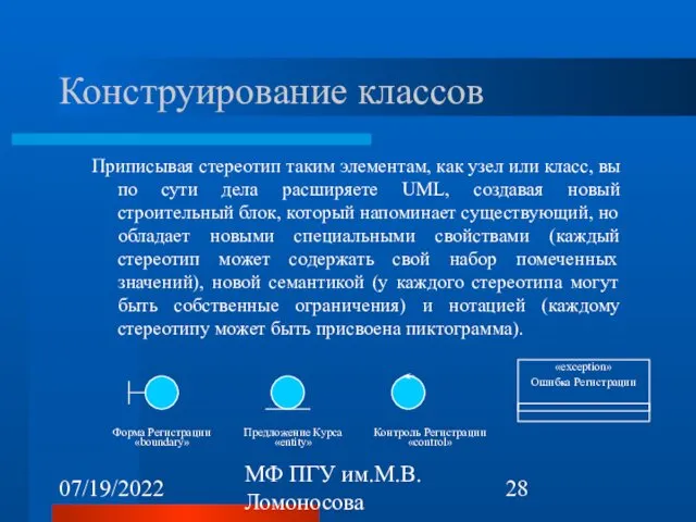 07/19/2022 МФ ПГУ им.М.В.Ломоносова Конструирование классов Приписывая стереотип таким элементам,