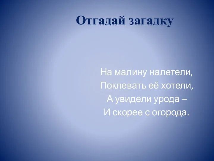 Отгадай загадку На малину налетели, Поклевать её хотели, А увидели урода – И скорее с огорода.