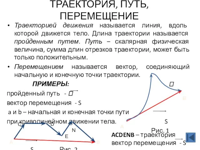 ТРАЕКТОРИЯ, ПУТЬ, ПЕРЕМЕЩЕНИЕ Траекторией движения называется линия, вдоль которой движется