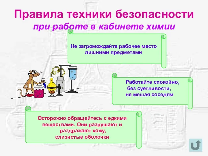 Правила техники безопасности при работе в кабинете химии Не загромождайте