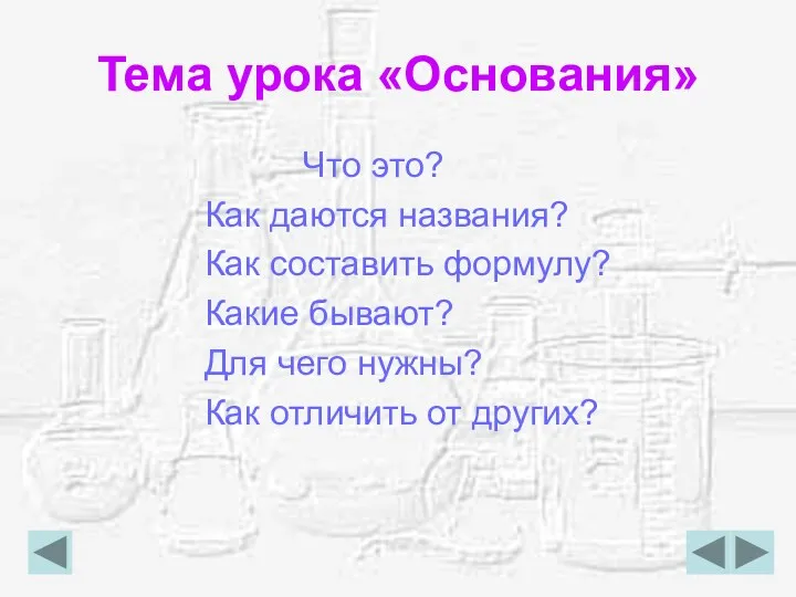 Тема урока «Основания» Что это? Как даются названия? Как составить