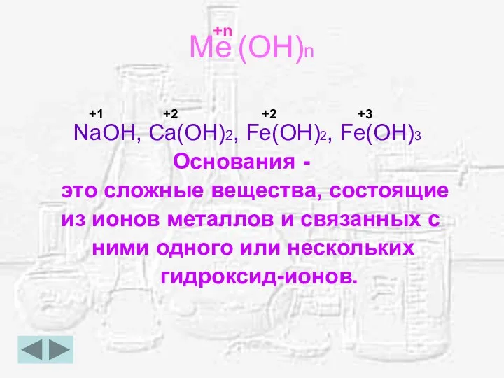 Me (OH)n +1 +2 +2 +3 NaOH, Ca(OH)2, Fe(OH)2, Fe(OH)3