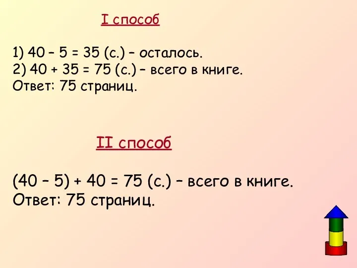 I способ 1) 40 – 5 = 35 (с.) –