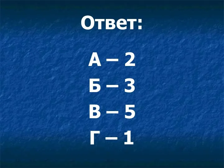Ответ: А – 2 Б – 3 В – 5 Г – 1
