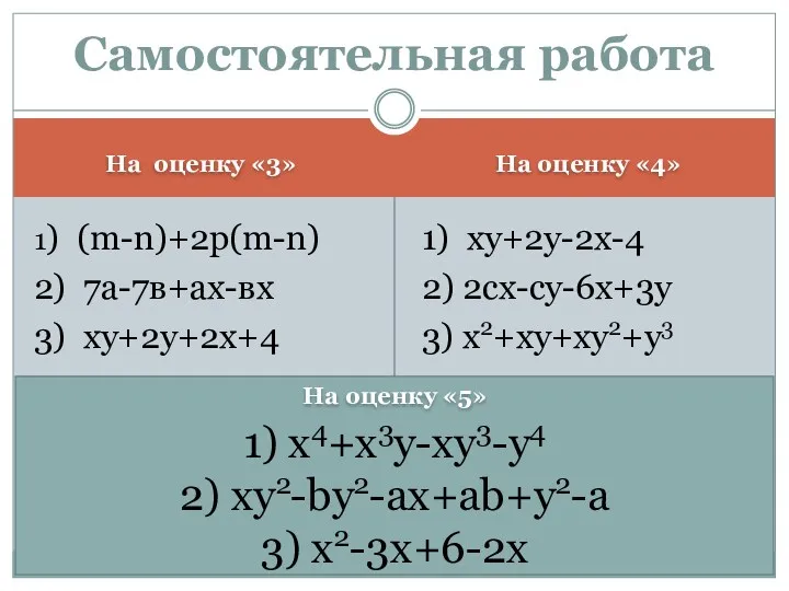 1) xy+2y-2x-4 2) 2cx-cy-6x+3y 3) x2+xy+xy2+y3 1) (m-n)+2p(m-n) 2) 7а-7в+ах-вх