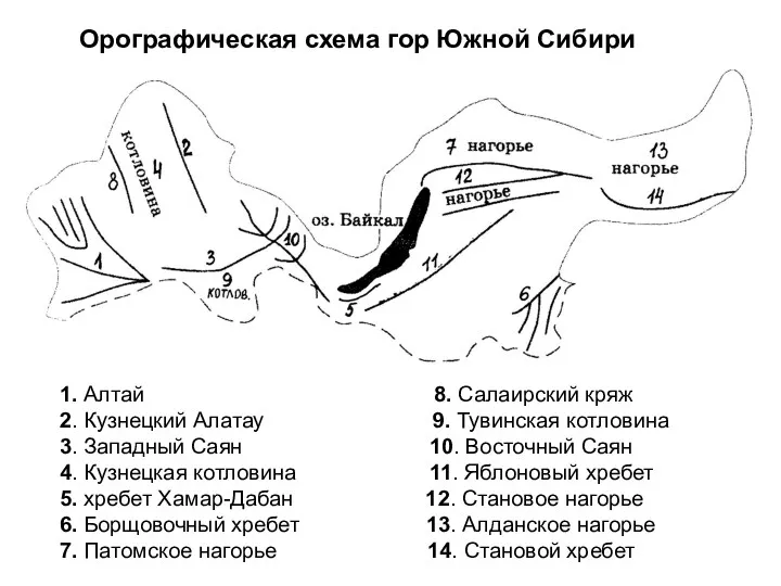 1. Алтай 8. Салаирский кряж 2. Кузнецкий Алатау 9. Тувинская