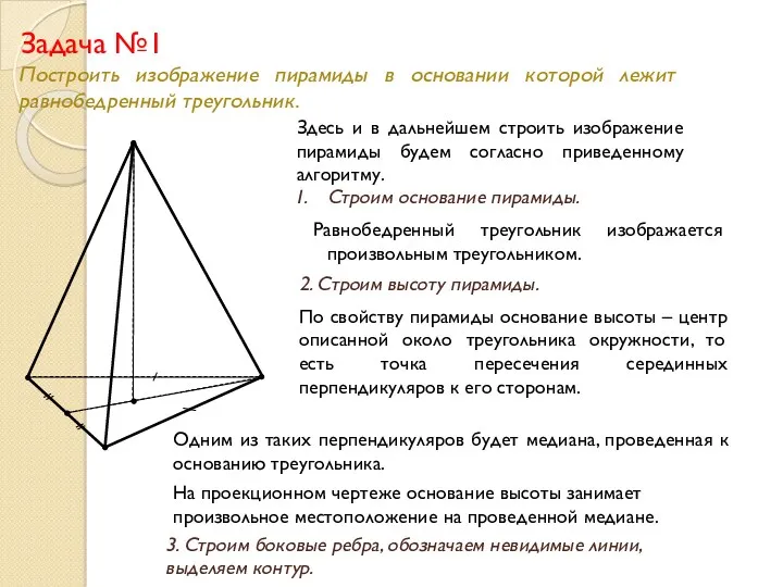 Построить изображение пирамиды в основании которой лежит равнобедренный треугольник. Задача