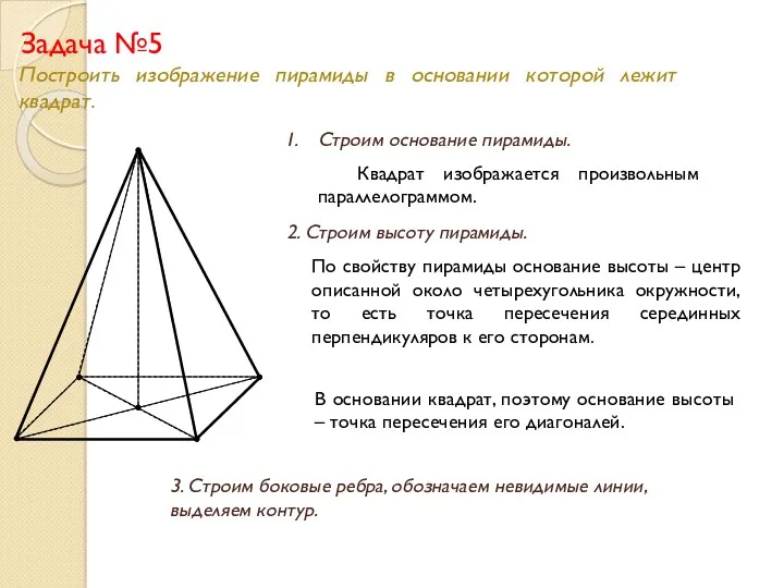 Задача №5 Построить изображение пирамиды в основании которой лежит квадрат.