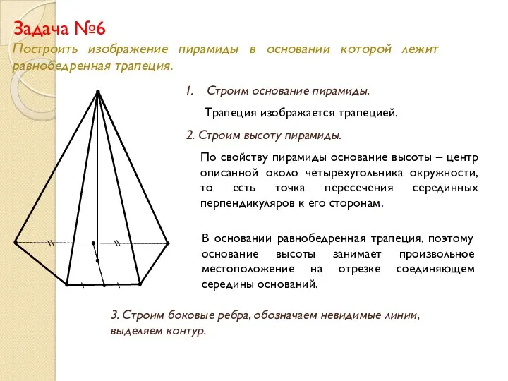 Задача №6 Построить изображение пирамиды в основании которой лежит равнобедренная