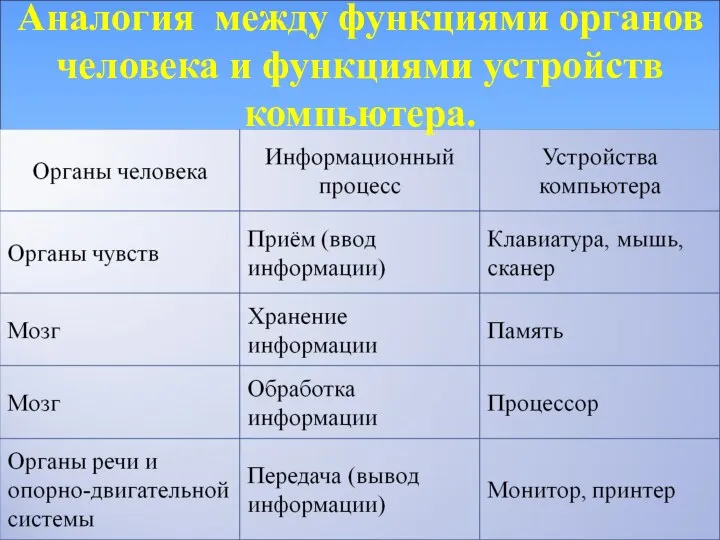 Аналогия между функциями органов человека и функциями устройств компьютера.