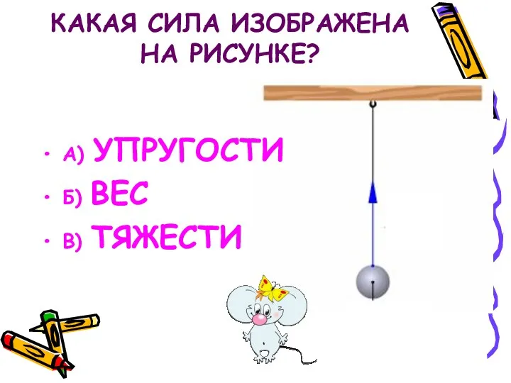 КАКАЯ СИЛА ИЗОБРАЖЕНА НА РИСУНКЕ? А) УПРУГОСТИ Б) ВЕС В) ТЯЖЕСТИ