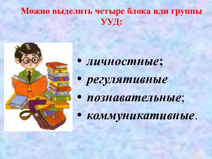 Можно выделить четыре блока или группы УУД: личностные; регулятивные познавательные; коммуникативные.