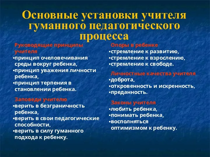 Основные установки учителя гуманного педагогического процесса Опоры в ребенке стремление