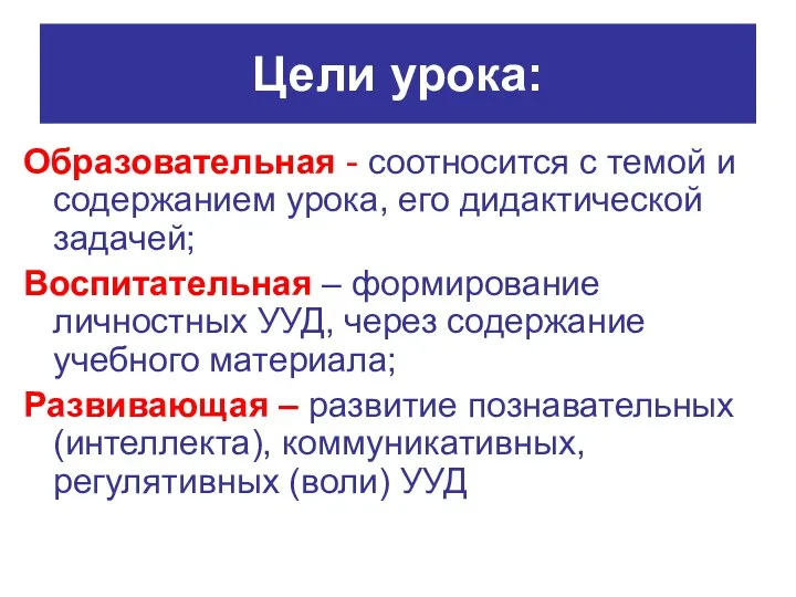 Цели урока: Образовательная - соотносится с темой и содержанием урока, его дидактической задачей;