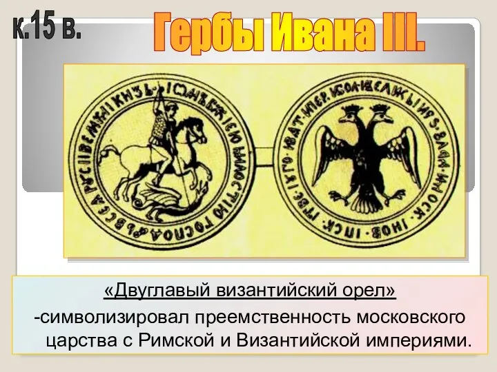 к.15 в. Гербы Ивана III. «Двуглавый византийский орел» -символизировал преемственность