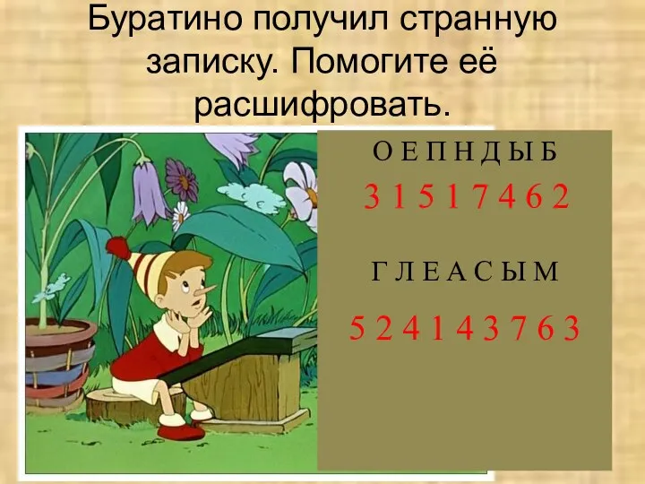 Буратино получил странную записку. Помогите её расшифровать. О Е П