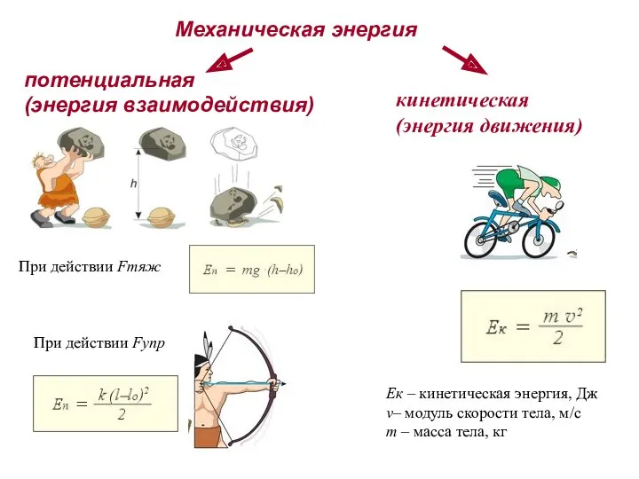 Механическая энергия потенциальная (энергия взаимодействия) При действии Fтяж При действии