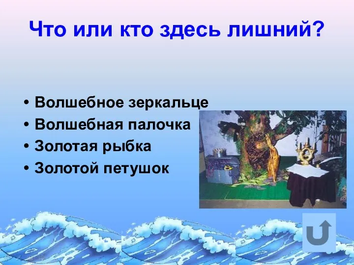 Что или кто здесь лишний? Волшебное зеркальце Волшебная палочка Золотая рыбка Золотой петушок