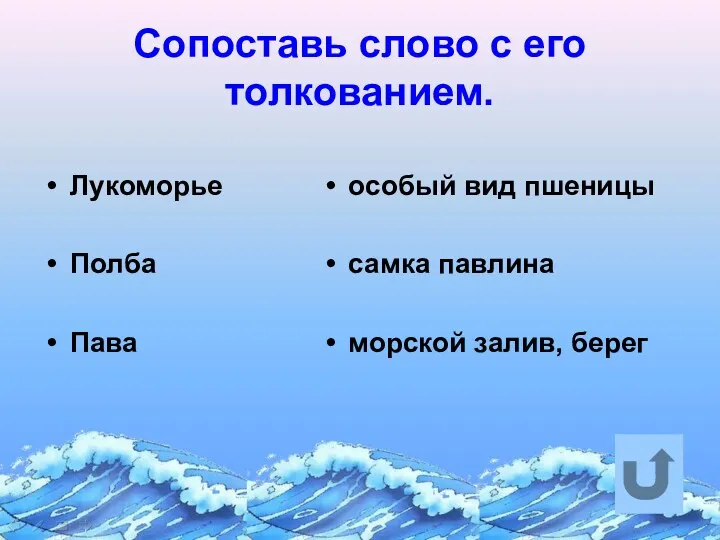 Сопоставь слово с его толкованием. Лукоморье Полба Пава особый вид пшеницы самка павлина морской залив, берег