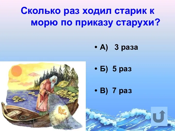 Сколько раз ходил старик к морю по приказу старухи? А) 3 раза Б)