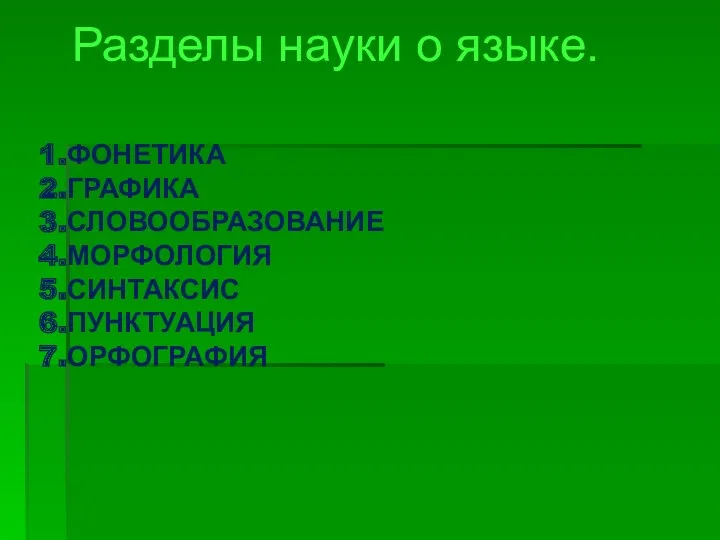 Разделы науки о языке. ФОНЕТИКА ГРАФИКА СЛОВООБРАЗОВАНИЕ МОРФОЛОГИЯ СИНТАКСИС ПУНКТУАЦИЯ ОРФОГРАФИЯ