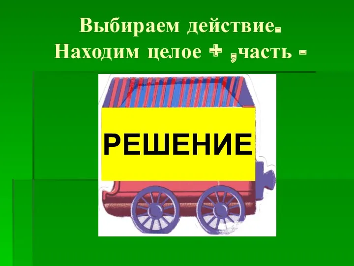 Выбираем действие. Находим целое + ,часть - РЕШЕНИЕ