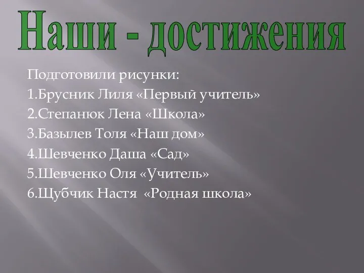 Подготовили рисунки: 1.Брусник Лиля «Первый учитель» 2.Степанюк Лена «Школа» 3.Базылев Толя «Наш дом»