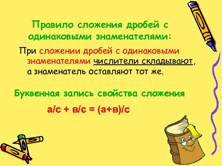 Правило сложения дробей с одинаковыми знаменателями: При сложении дробей с одинаковыми знаменателями числители