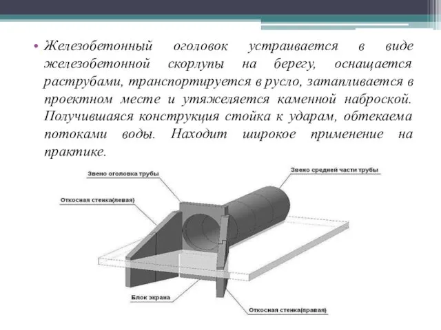 Железобетонный оголовок устраивается в виде железобетонной скорлупы на берегу, оснащается