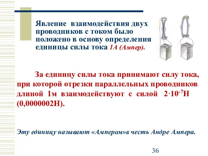 Явление взаимодействия двух проводников с током было положено в основу