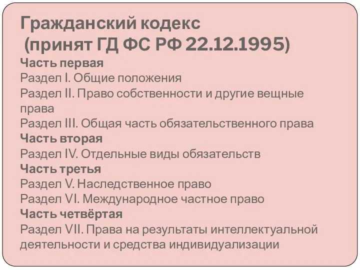 Гражданский кодекс (принят ГД ФС РФ 22.12.1995) Часть первая Раздел