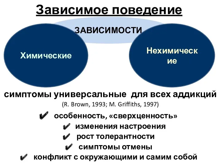 Зависимое поведение симптомы универсальные для всех аддикций (R. Brown, 1993; M. Griffiths, 1997)